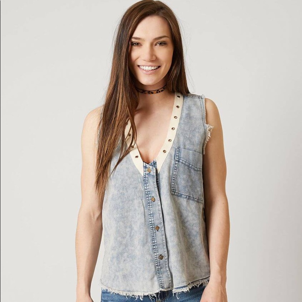 Gilded Intent Chambray Button Vest Acid Wash Small Blue